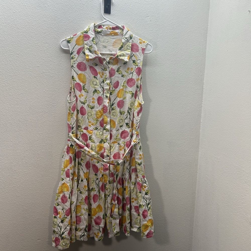 Cynthia Rowley MIDI Dress Fruit Print Linen Blend Sundress Belted Sz M‎ Lemons